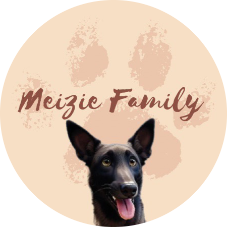 Logo de La Meizie Family, tête de chien noir sur une empreinte de patte