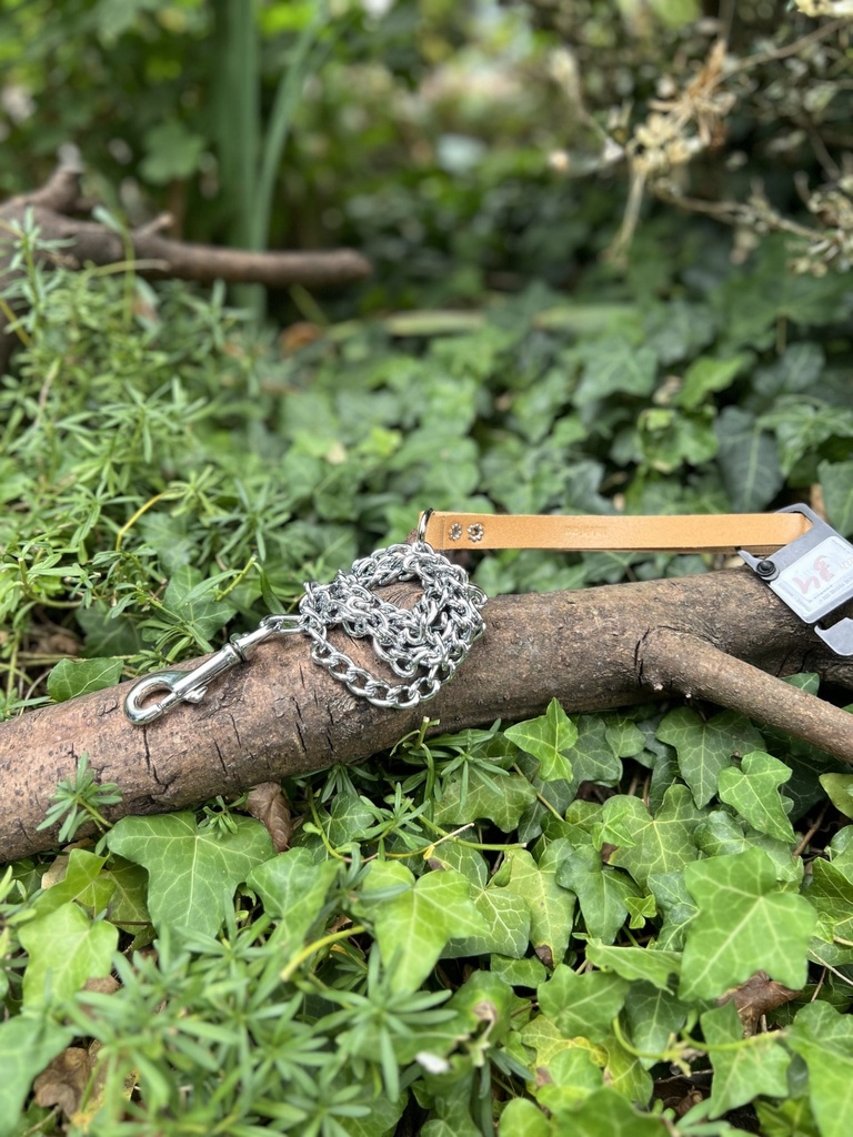 [2231.laissechainecuirmarronn] Laisse chaine Martin Sellier 110cm