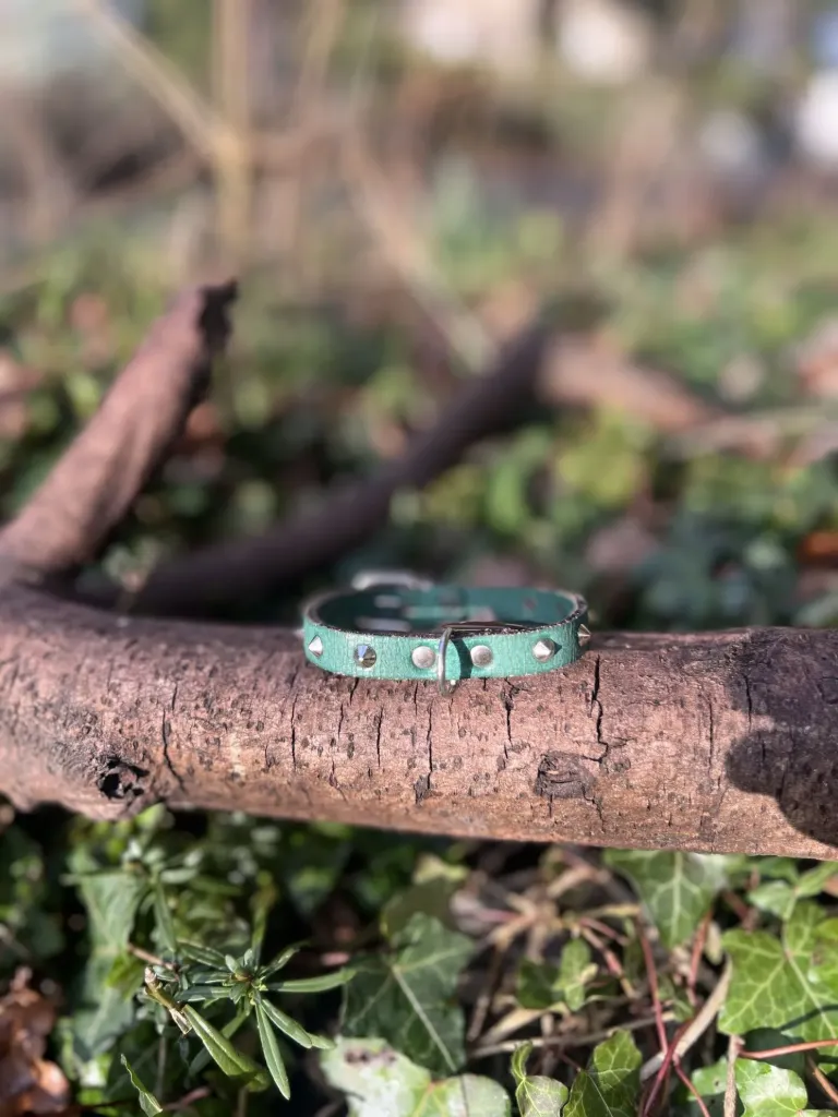 [2190.cuirvertpointes] Collier cuir 25 - 30cm vert à pointe
